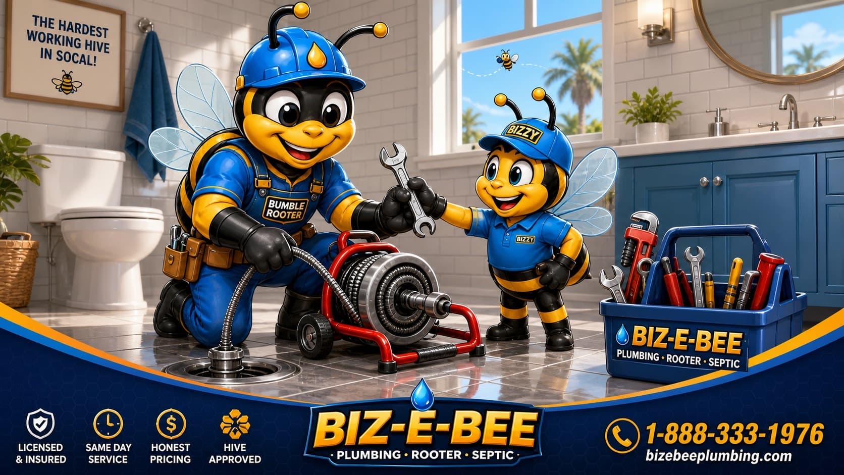 Bumble Rooter and Bizzy clearing a drain line for a Perris homeowner