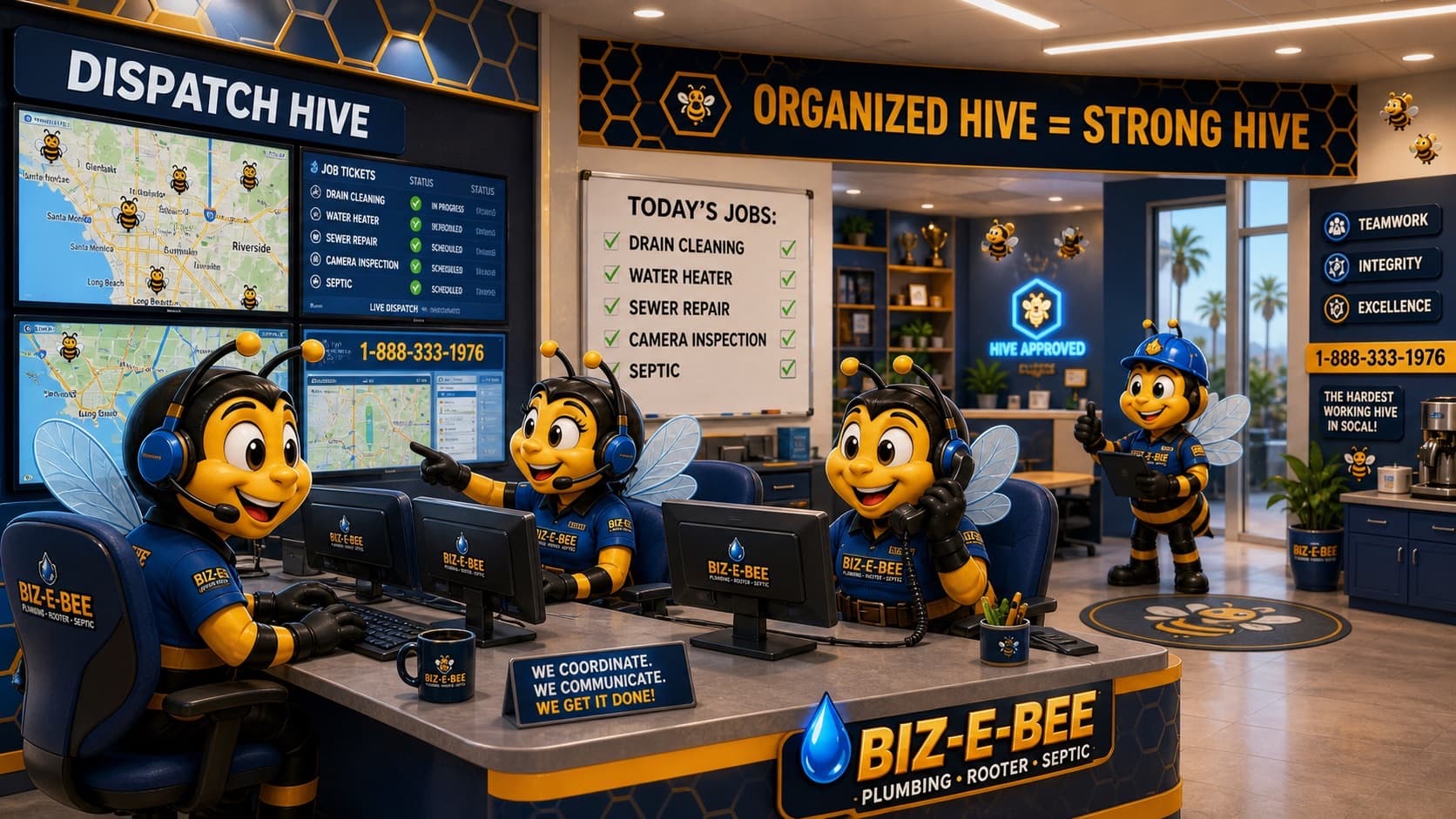 Biz-E-Bee dispatch team on headsets coordinating jobs at the job board