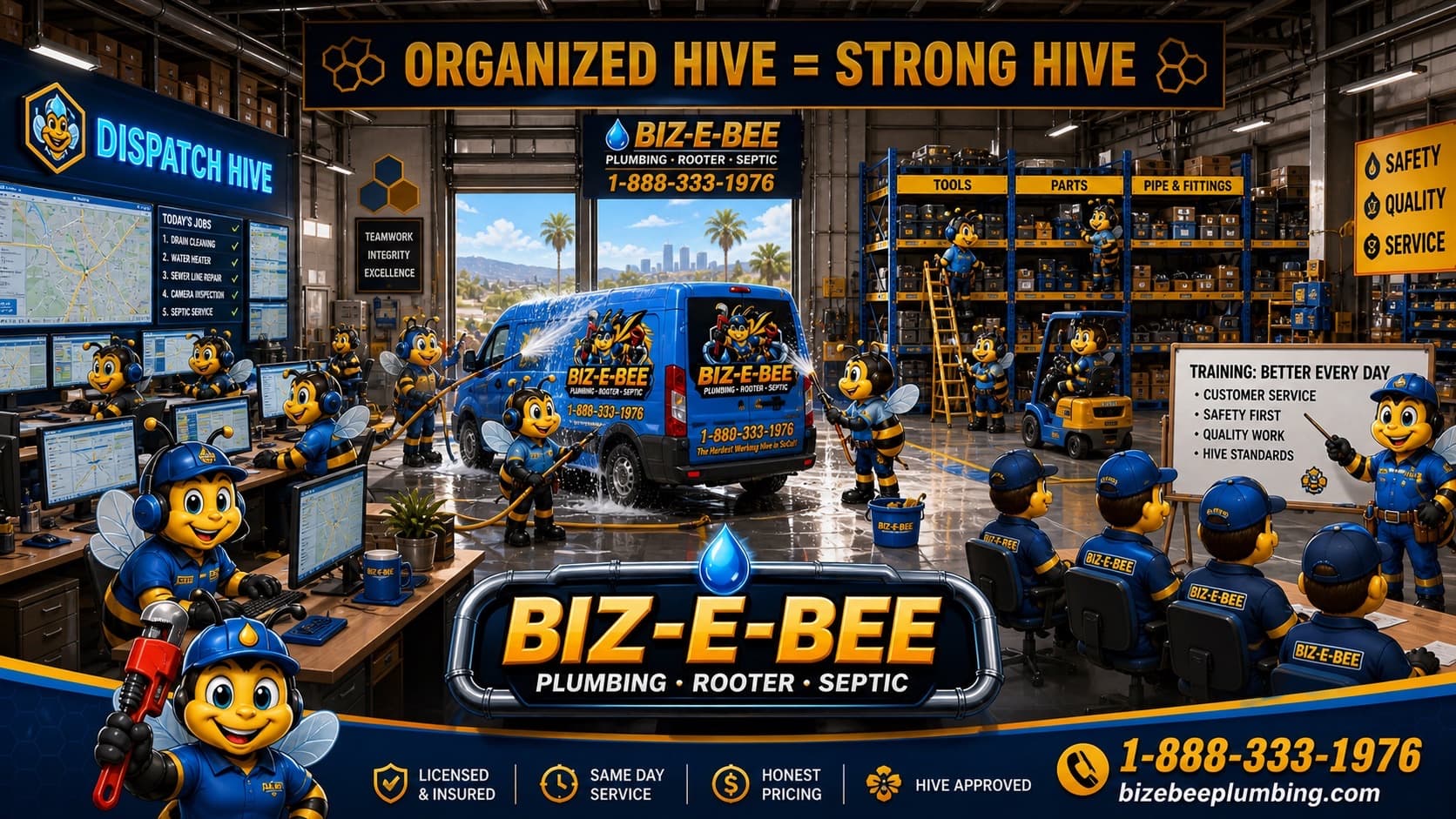 The full Biz-E-Bee shop — dispatch, van wash, and crew training area