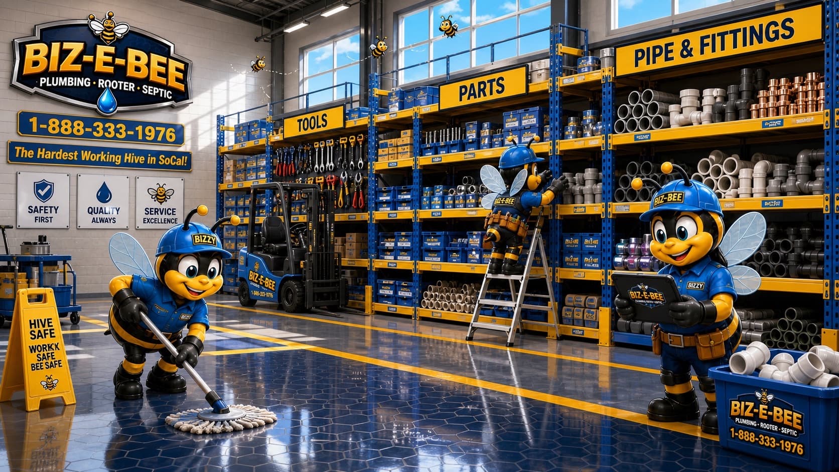 Stocked parts warehouse at the Biz-E-Bee shop