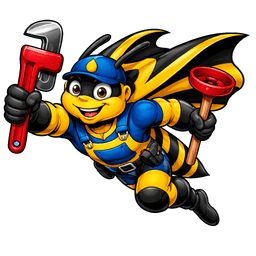 Johnny Jet Bee, the caped Biz-E-Bee mascot, suited up for 24/7 emergency plumbing calls