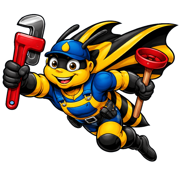 Johnny Jet Bee, the caped Biz-E-Bee mascot, suited up for 24/7 emergency plumbing calls
